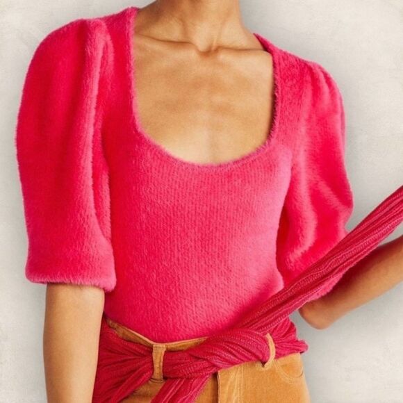 Free People Raspberry Pop Moonbeam Fuzzy Puff Sleeve Crop Sweater Sz XL NWT - Picture 1 of 15
